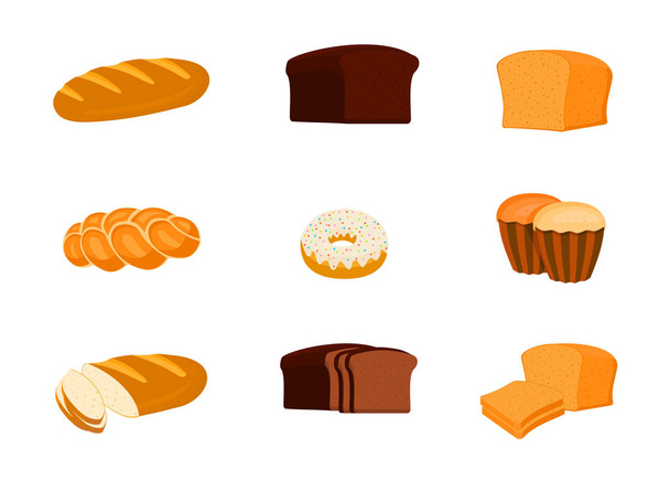 Набор хлеба и других хлебобулочных изделий, изолированных на белом
 - Вектор,изображение