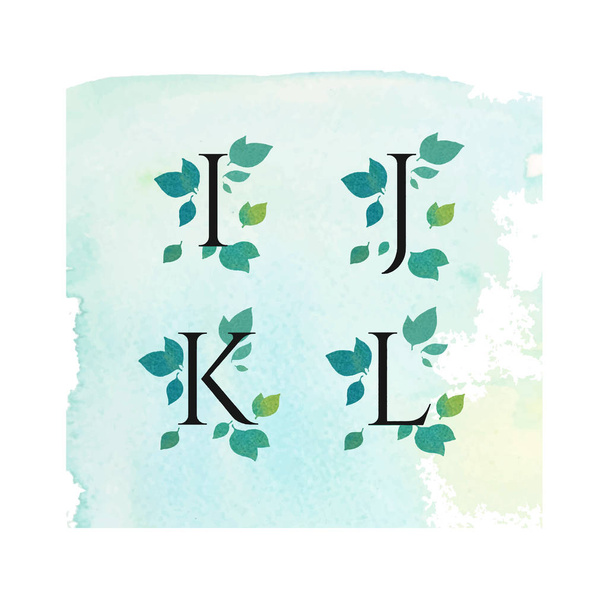 Watercolor Serif Font with Leafs, Green Flowers, Spring Summer Design for Wedding Invitation, Postcards, Logo, Visual Identity - Vetor, Imagem
