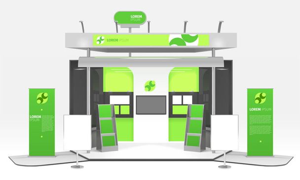 Mostra pubblicitaria colorata scatola fittizia realistica composizione di design 3d con stand infografici manifesti promozionali e evidenziando illustrazione vettoriale
 - Vettoriali, immagini