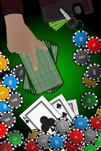 casino chips hand stack of cards. winnings concept - Vector, imagen