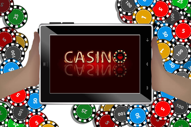 casino chips and a hand holding a tablet computer - Vektor, kép