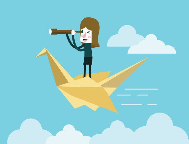 Mujer de negocios sosteniendo telescopio y montando en origami pájaro
. - Vector, imagen