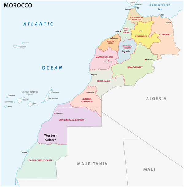 2015 年モロッコの王国の 12 の地域の管理上および政治の新しいマップ - ベクター画像