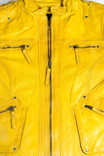 Yellow leather jacket. Leather jacket macro details - Zdjęcie, obraz