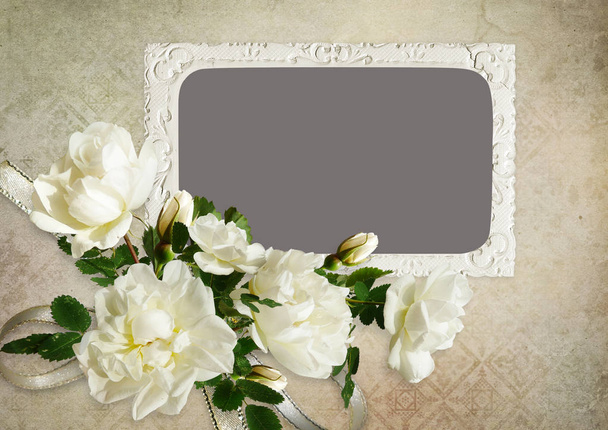 The frame and white roses on a vintage background - Zdjęcie, obraz