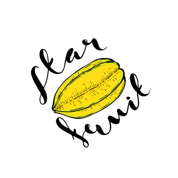 The fruit of carambola on a white background with the words Star fruit. - ベクター画像