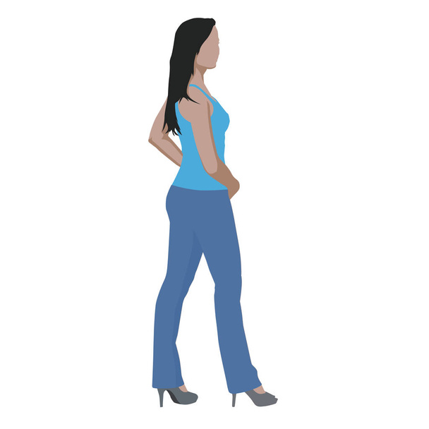 Sexy girl standing in blue shirt and jeans, abstract vector illu - Vetor, Imagem