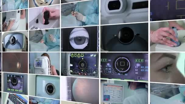 Automated machine examining eyeball. Modern eye examination background. Split screen montage. - Footage, Video