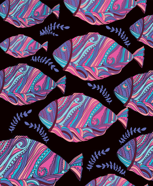 abstrakter Vektorhintergrund mit einem Muster aus Fischen und Blumen - Vektor, Bild