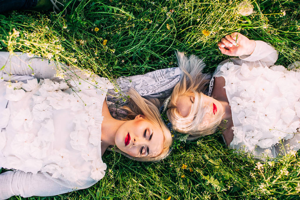 twins lying on green grass - Fotoğraf, Görsel