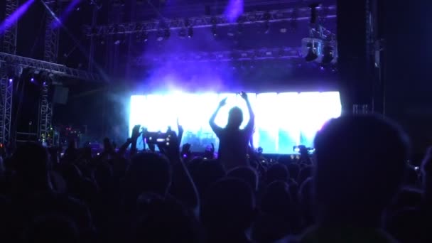 Muziekband uitvoeren op het verlichte podium, silhouetten van fans genieten van Toon - Video