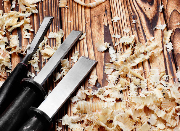 Woodworking tools. Chisel with sawdust .copy space.horizontal shot - Fotoğraf, Görsel