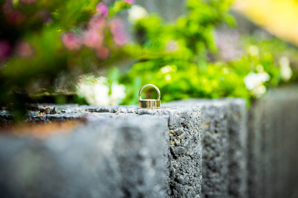 Une paire d'anneaux est allongée sur un rocher. Attribut jeunes mariés. Bagues épaisses dorées. La simplicité et la beauté. Les anneaux près de la nature
. - Photo, image