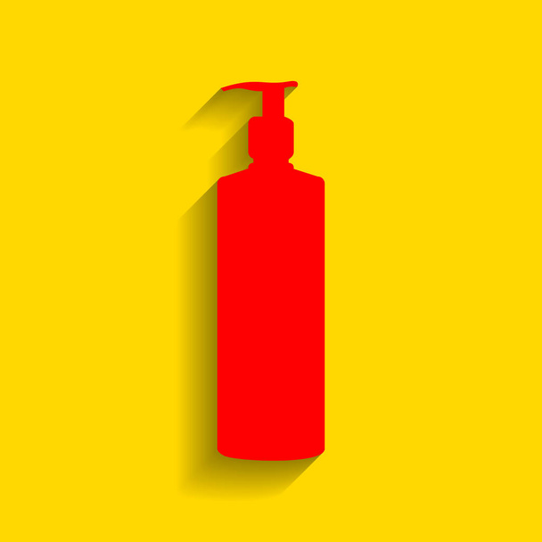 Gel, Schaum oder Flüssigseife. Spender Pumpe Kunststoffflaschensilhouette. Vektor. rotes Symbol mit weichem Schatten auf goldenem Hintergrund. - Vektor, Bild