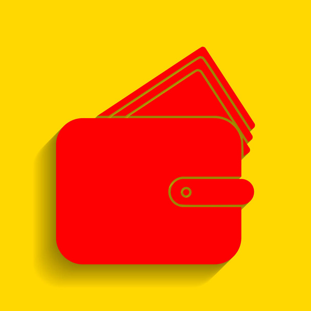 Wallet sign illustration. Vector. Red icon with soft shadow on golden background. - Vector, Image