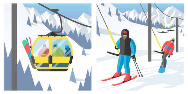 スノーボーダーはスキー ゴンドラとリフト エレベーター冬スポーツ リゾート スノーボードの人に座って休む持ち上がるジャンプ ベクター イラスト山 - ベクター画像