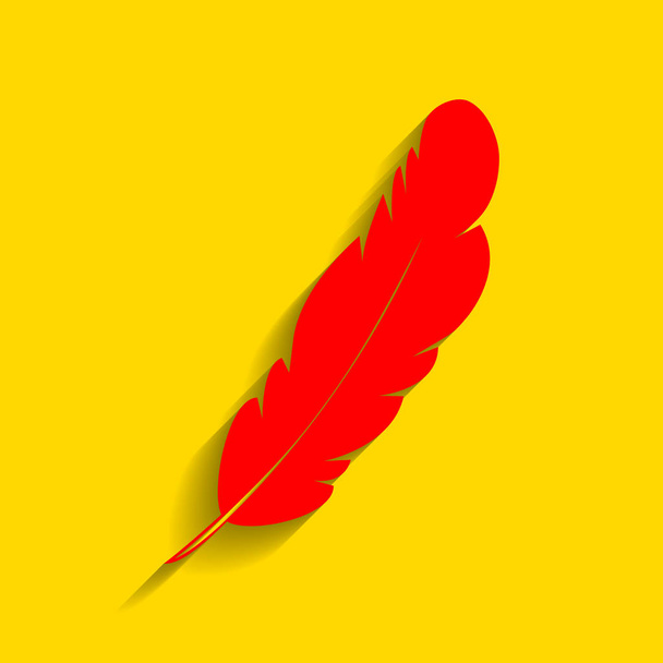 Feather sign illustration. Vector. Red icon with soft shadow on golden background. - Vector, Image
