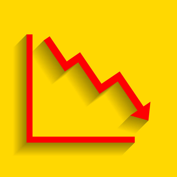 Arrow pointing downwards showing crisis. Vector. Red icon with soft shadow on golden background. - Vector, Image