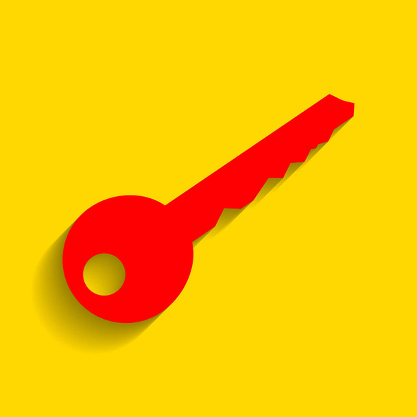 Schlüsselschild-Illustration. Vektor. rotes Symbol mit weichem Schatten auf goldenem Hintergrund. - Vektor, Bild