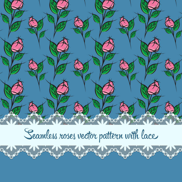 Patrón de rosas sin costuras con fondo azul de encaje
 - Vector, imagen