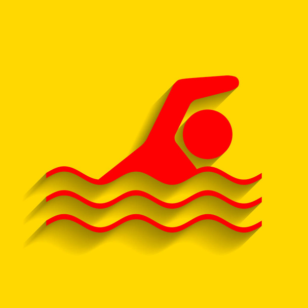 Letrero de natación. Vector. Icono rojo con sombra suave sobre fondo dorado
. - Vector, Imagen