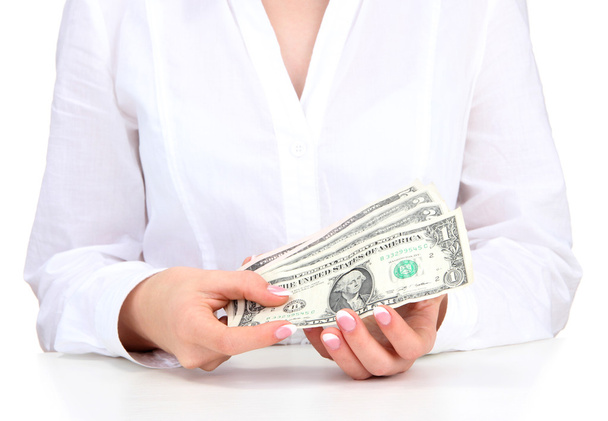 American dollars in a women hands, close up - Foto, Imagen