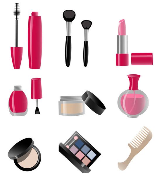 Set cosmetics. Nail polish, mascara, lipstick, eyeshadows, brush, powder, lip gloss, handwritten - Vector, afbeelding