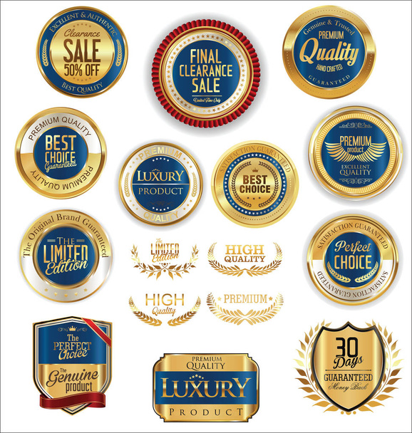 Golden shields laurel wreaths and badges collection  - Vector, Image