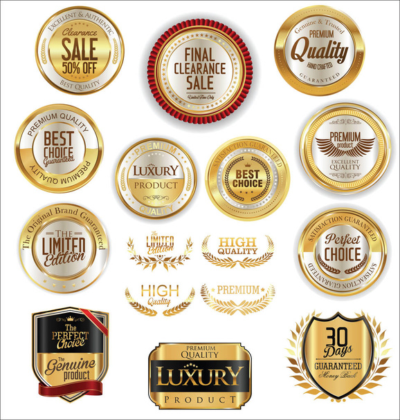 Golden shields laurel wreaths and badges collection  - Vector, imagen