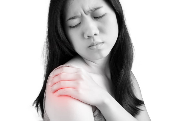 Painful shoulder in a woman isolated on white background. Clipping path on white background. - Photo, Image