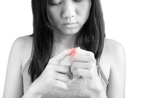 Гострий біль у жіночому пальці ізольовано на білому тлі. Відсічний контур на білому тлі
. - Фото, зображення