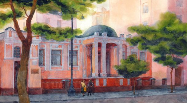 Paysage urbain aquarelle. Belle maison rose sur une ruelle ombragée
 - Photo, image