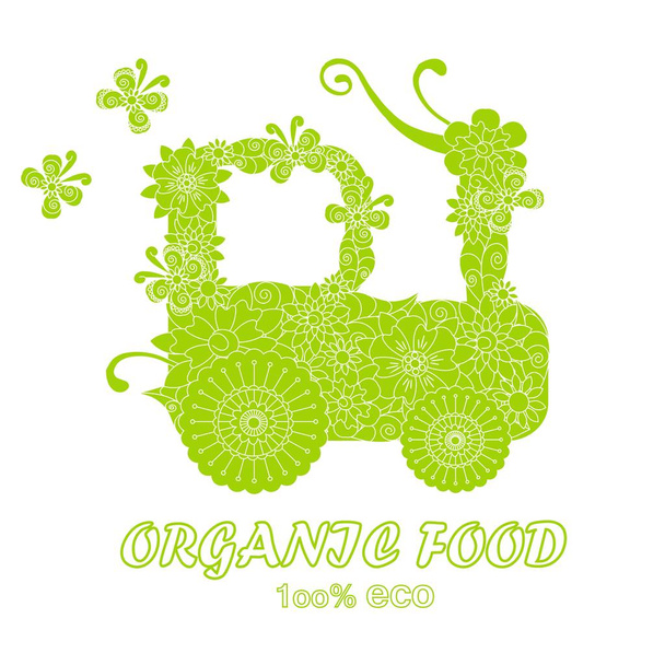 Typographie bannière Alimentation biologique, 100 % éco, sauver la nature, vert stylisé fleurs tracteur doodle sur blanc, illustration vectorielle de stock
 - Vecteur, image