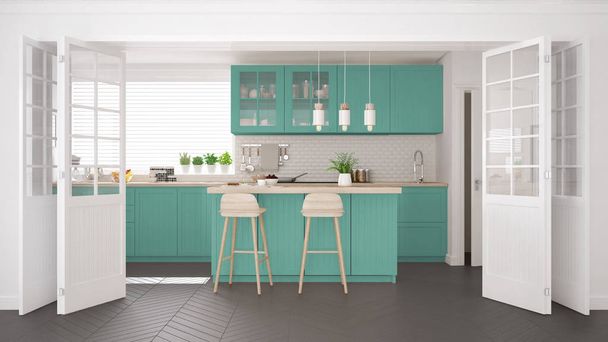 Scandinavian classic kitchen with wooden and turquoise details,  - Photo, Image
