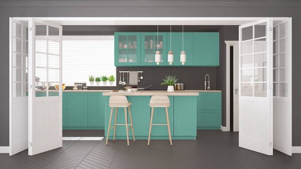 Scandinavian classic kitchen with wooden and turquoise details,  - Photo, Image