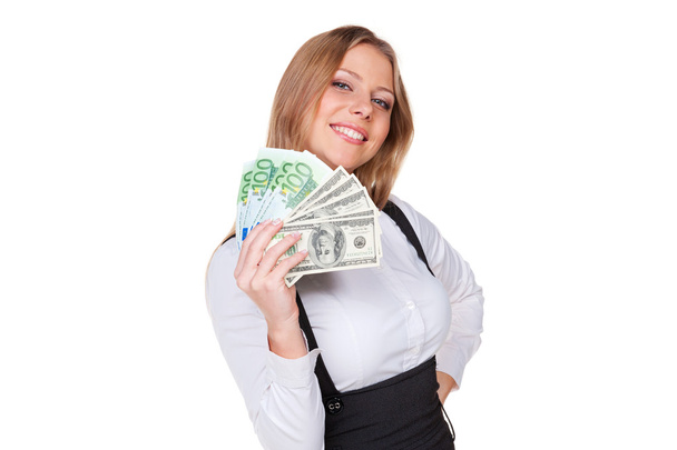 iş kadını gösteren kağıt para - Fotoğraf, Görsel