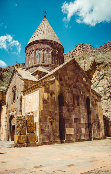 Geghardavank or Geghard monastic complex is Orthodox Christian monastery, Armenia. Armenian architecture. Pilgrimage place. Religion background. Travel concept. Cave monastery. Church Astvatsatsin. - Photo, Image