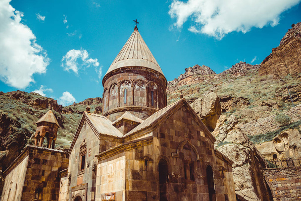 Geghardavank or Geghard monastic complex is Orthodox Christian monastery, Armenia. Armenian architecture. Pilgrimage place. Religion background. Travel concept. Cave monastery. Horizontal - Photo, Image