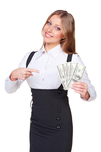 Frau zeigt mit dem Finger auf das Geld - Foto, Bild