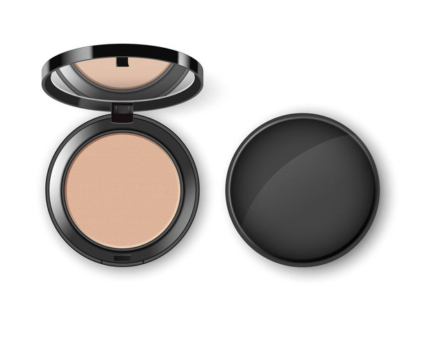 Vektor-Gesicht Kosmetik-Make-up-Puder in schwarzer, runder Kunststoffhülle mit Spiegel von oben - Vektor, Bild