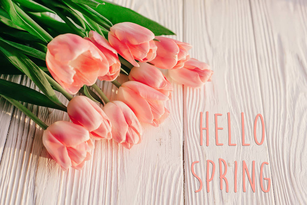tulips with hello spring text - Foto, afbeelding