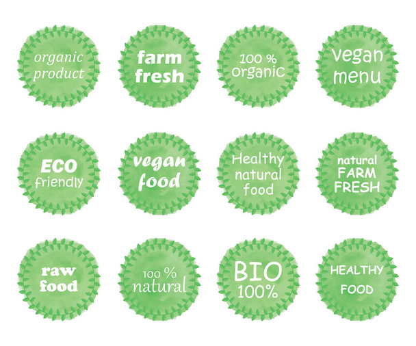 Hand drawn watercolor stickers and badges for organic food - Vektör, Görsel