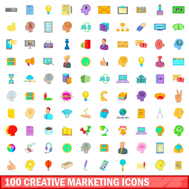 100 kreatív marketing ikonok beállítása, rajzfilm stílusú - Vektor, kép