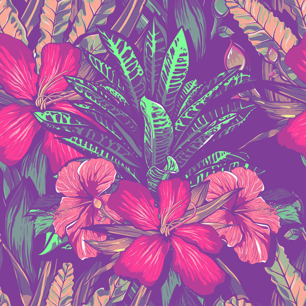 Hochzeitseinladung oder Kartendesign mit exotischen tropischen Blumen und Blättern. Vektor - Vektor, Bild