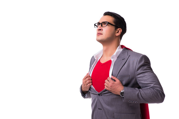Jonge zakenman dragen rode kaft op wit - Foto, afbeelding