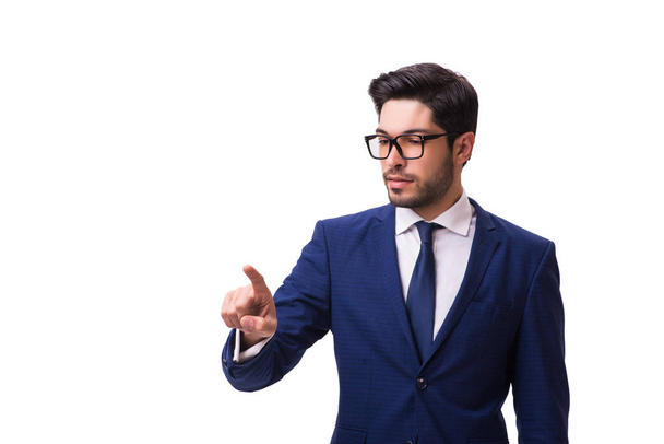 Jeune homme d'affaires appuyant sur des boutons virtuels isolés sur blanc
 - Photo, image