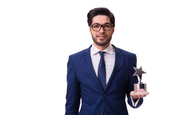 Hipster επιχειρηματίας λαμβάνει βραβείο απομονωθεί σε λευκό - Φωτογραφία, εικόνα