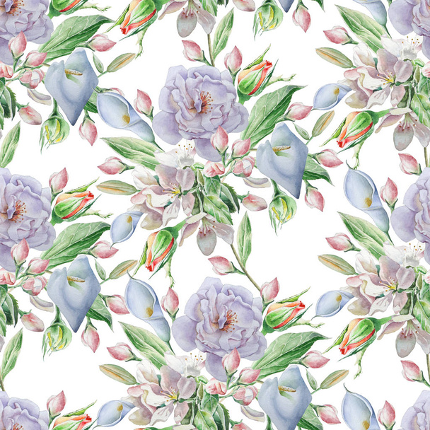 Seamless pattern with flowers. Calla. Blossom. Watercolor illustration. - Photo, Image
