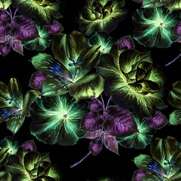Seamless pattern with flowers. Petunia. Alstroemeria. Watercolor illustration. - Fotoğraf, Görsel