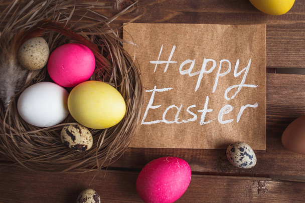 Easter eggs  on rustic wooden  background .  - Fotografie, Obrázek